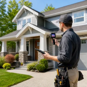 Technician inspecting home with thermal imaging device.