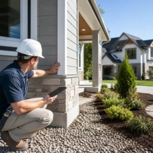 Construction worker inspecting home exterior details.